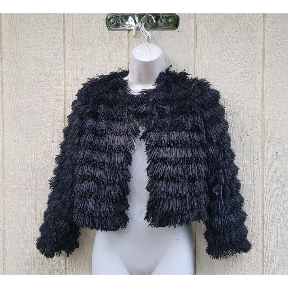 Black eyelash fringe open front cropped cardigan sz M Y2K Indie sleaze